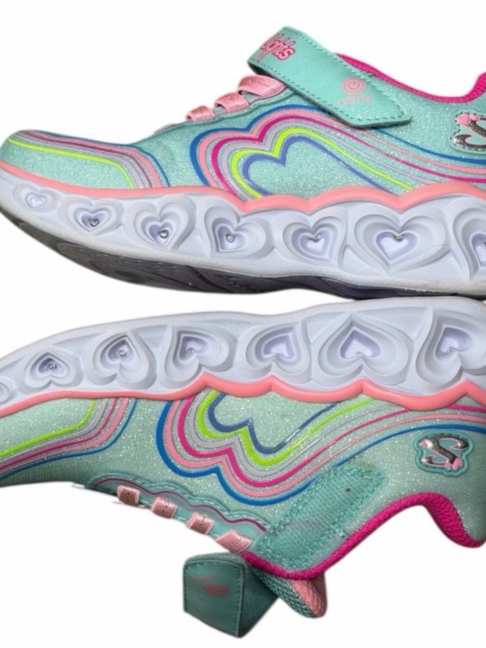 Skechers Girls Mint Sparkle Heart Light-Up Sneakers 11 New